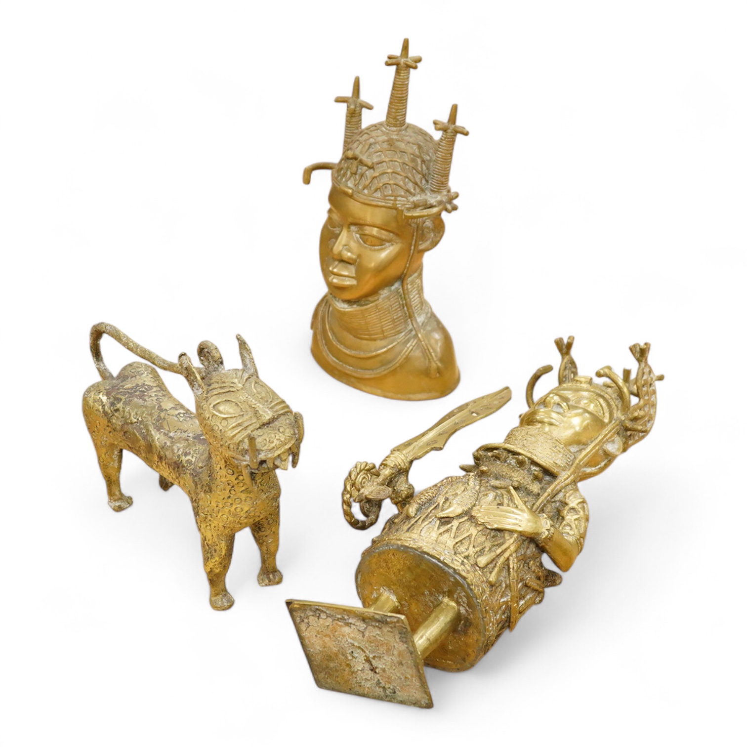 Three Benin type bronzes to include a bust, largest 47cm high